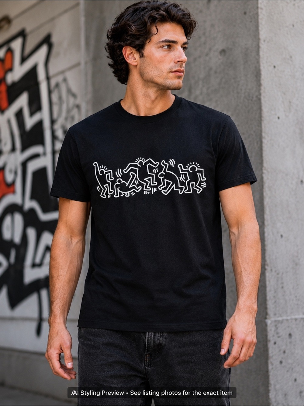 Keith Haring Men’s Medium Black Dancing Figures Pop Art Graphic T Shirt